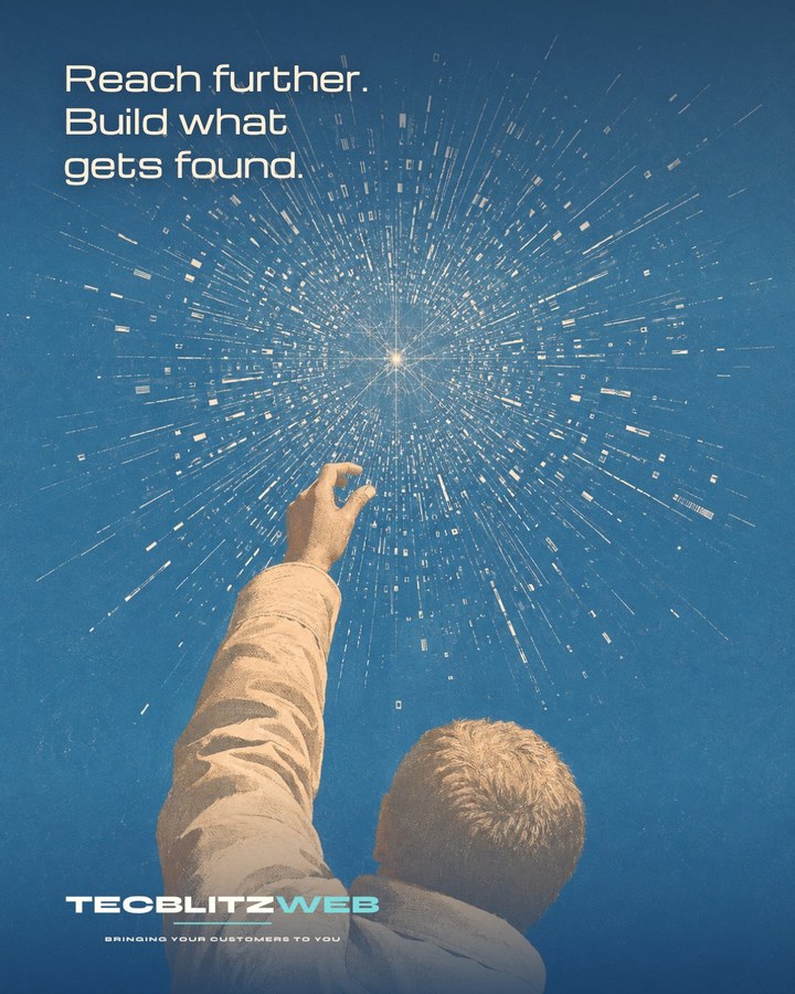 Editorial poster: a child reaching towards a burst of light, with the line Reach further. Build what gets found.